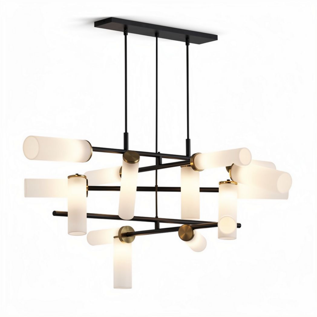 Suspension moderne en métal noir et verre opale 70 x 70 x 30cm pour salon