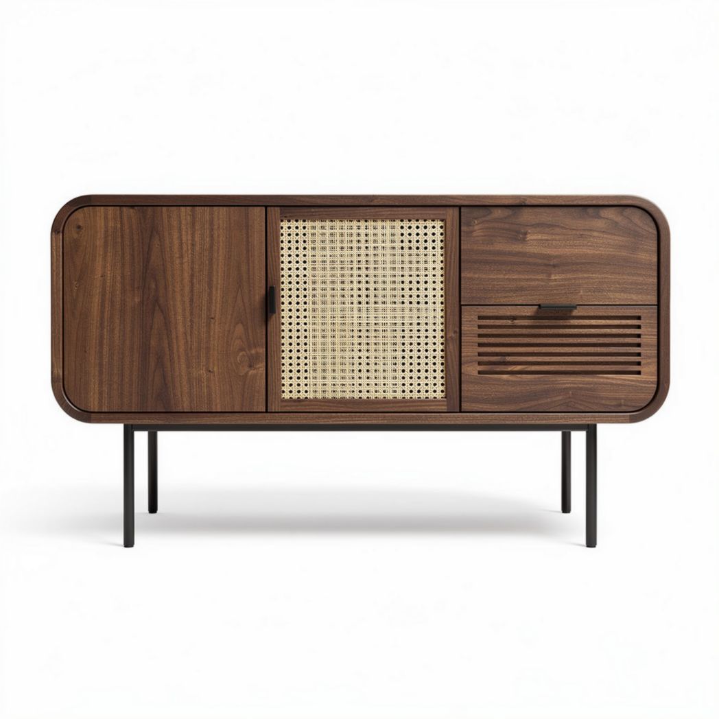 Meuble tv en bois de noyer avec une porte en rotin dimensions 120 x 40 x 75cm