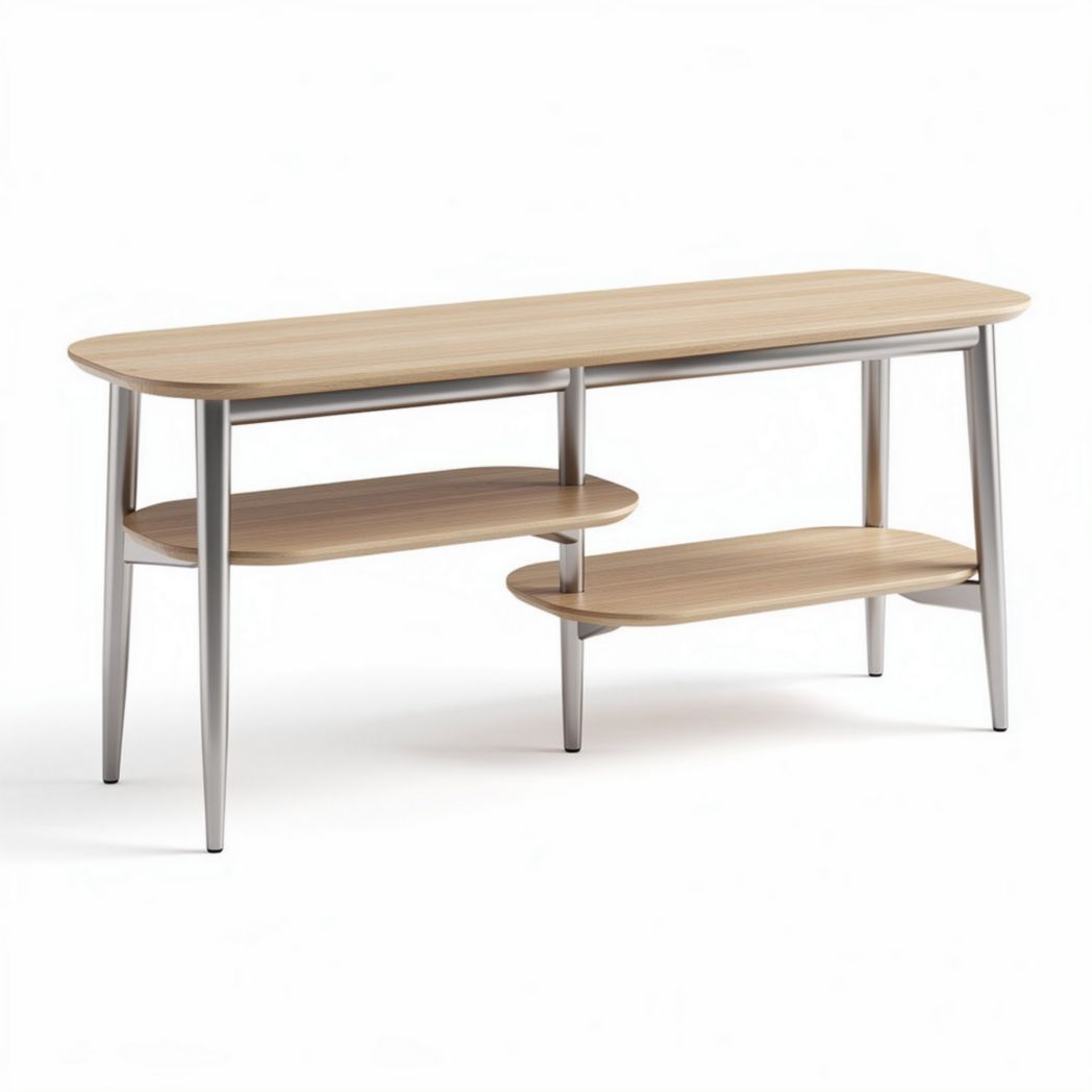 Table basse en bois clair avec étagères en métal 120 x 40 x 75cm