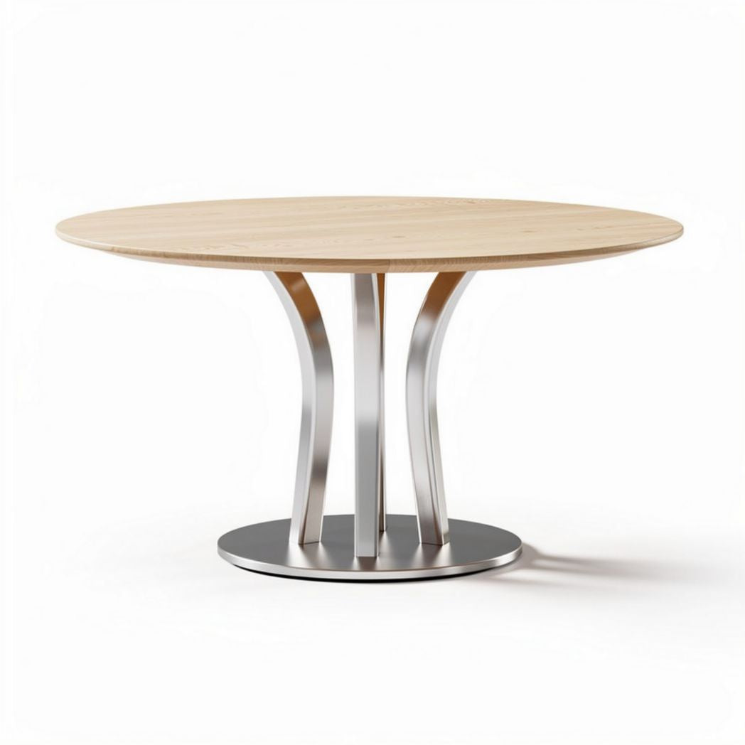 Table ronde en bois avec base en acier inoxydable diamètre 120 cm hauteur 75 cm