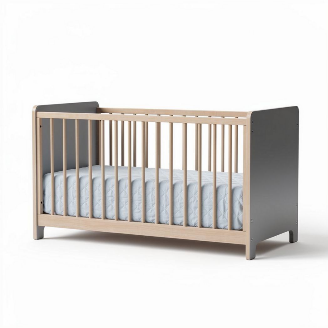 Lit bébé en bois naturel et gris 120 x 60 x 80 cm avec matelas inclus