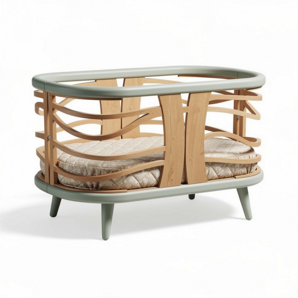 Lit bébé en bois clair et gris avec matelas 80 x 50 x 40cm