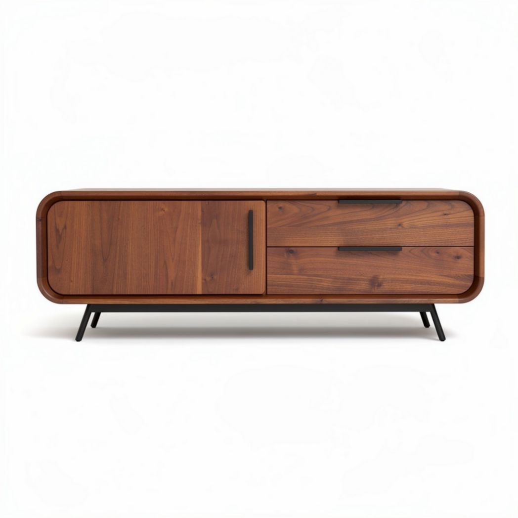 Meuble TV en bois massif noyer 150 x 45 x 50cm avec tiroirs et portes